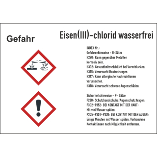 GHS-Gefahrstoffetiketten mit H- und P-Sätzen für Eisen(III)-chlorid wasserfrei selbstklebend zu 20 Stück/VE - Folie mit transparenter Schutzabdeckung  148 x 210 mm