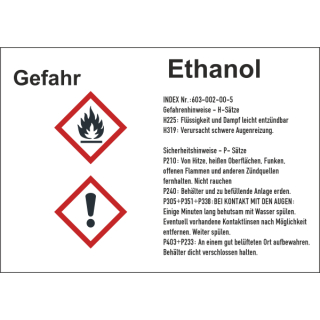 GHS-Gefahrstoffetiketten mit H- und P-Sätzen für Ethanol selbstklebend zu 20 Stück/VE in verschiedenen Variationen erhältlich
