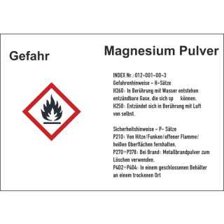 GHS-Gefahrstoffetiketten mit H- und P-S&auml;tzen f&uuml;r Magnesiumpulver selbstklebend zu 1.000 Stk/Rolle in verschiedenen Variationen erh&auml;ltlich