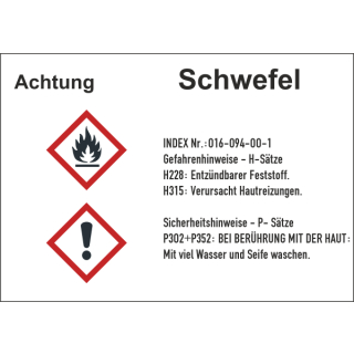 GHS-Gefahrstoffetiketten mit H- und P-Sätzen für Schwefel selbstklebend zu 20 Stück/VE - Folie 52 x 74 mm