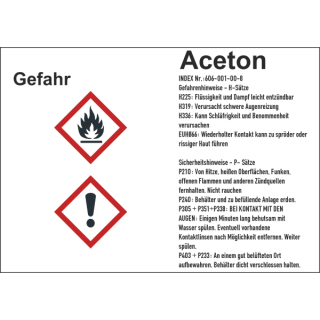 GHS-Gefahrstoffetiketten mit H- und P-Sätzen für Aceton selbstklebend zu 1.000 Stk/Rolle in verschiedenen Variationen erhältlich