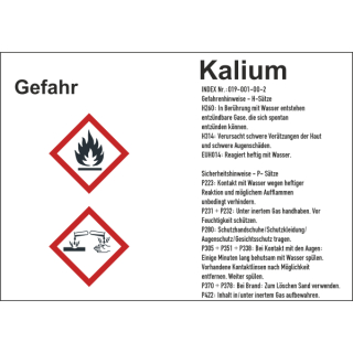 GHS-Gefahrenstoffetikett mit H- und P-Sätzen für Kalium selbstklebend zu 1.000 Stk/Rolle in verschiedenen Variationen erhältlich