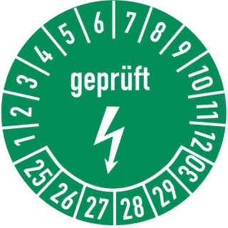 Prüfplakette geprüft mit Blitzsymbol 16 mm ca. 500 Stück/Rolle PVC-Folie Grund grün Text weiß 2025-2030