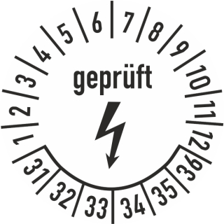 Prüfplakette geprüft mit Blitzsymbol 35 mm ca. 250 Stück/Rolle Dokumentenfolie Grund weiß Text schwarz 2031-2036
