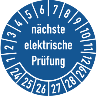 Prüfplakette nächste elektrische Prüfung 16 mm ca. 500 Stück/Rolle PVC-Folie Grund blau Text weiß 2024-2029