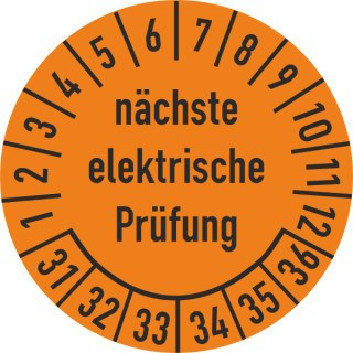 Prüfplakette nächste elektrische Prüfung 16 mm ca. 500 Stück/Rolle PVC-Folie Grund orange Text schwarz 2031-2036