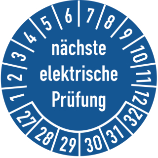 Prüfplakette nächste elektrische Prüfung 25 mm ca. 333 Stück/Rolle PVC-Folie Grund blau Text weiß 2027-2032